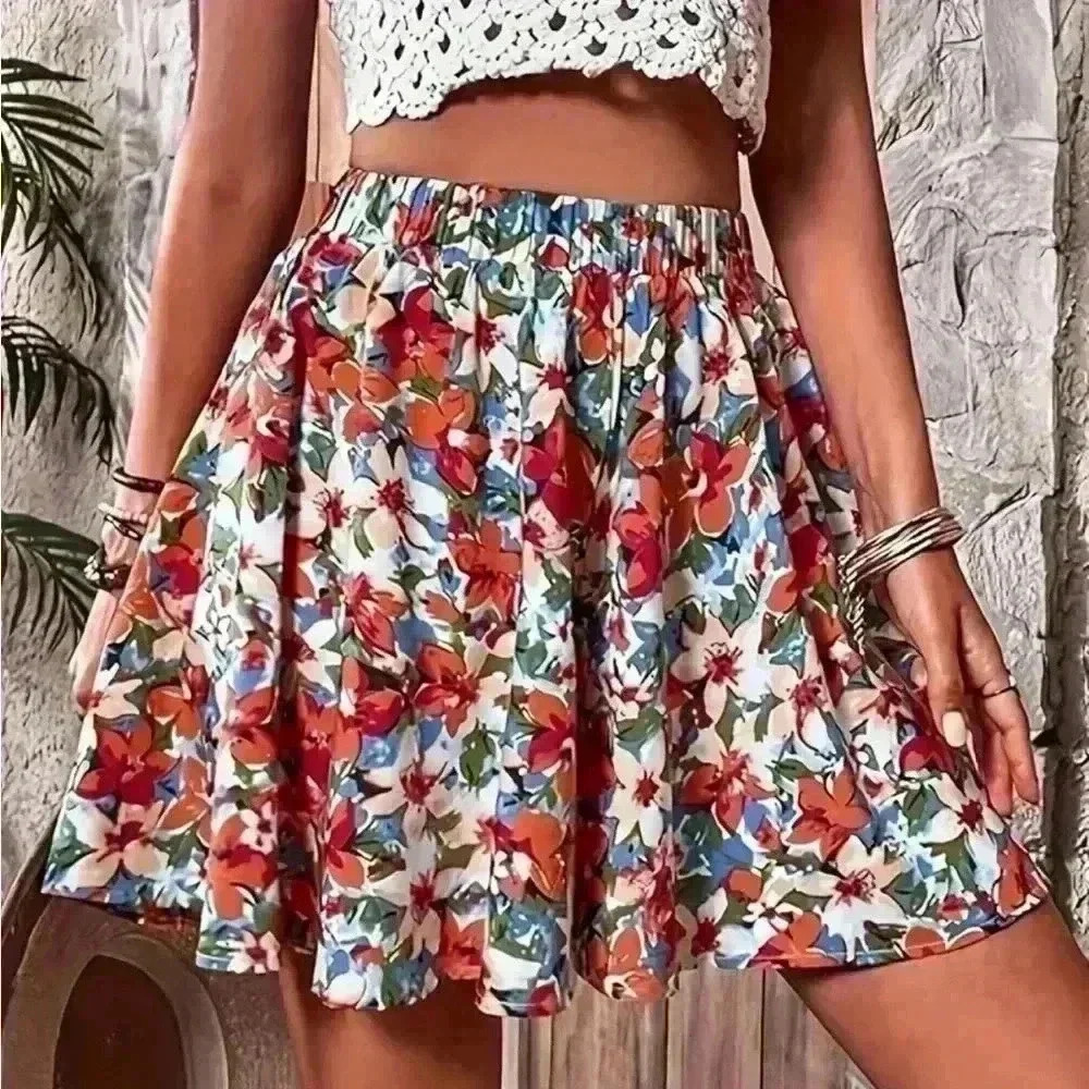 Floral Print Elastic Waist Ruffled Hem Shorts Size L - Picture 6 of 7